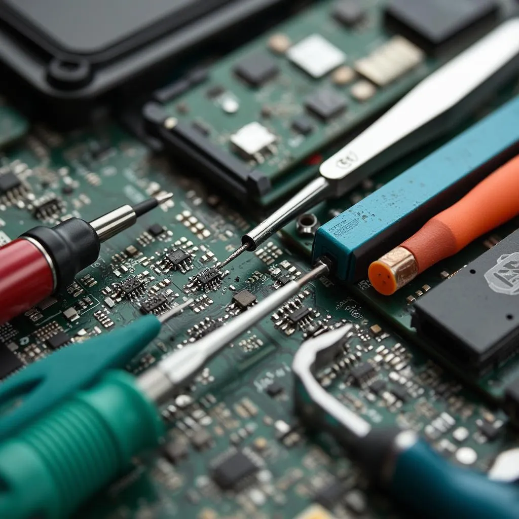 Detail na nástroje používané pri oprave jemnej elektroniky