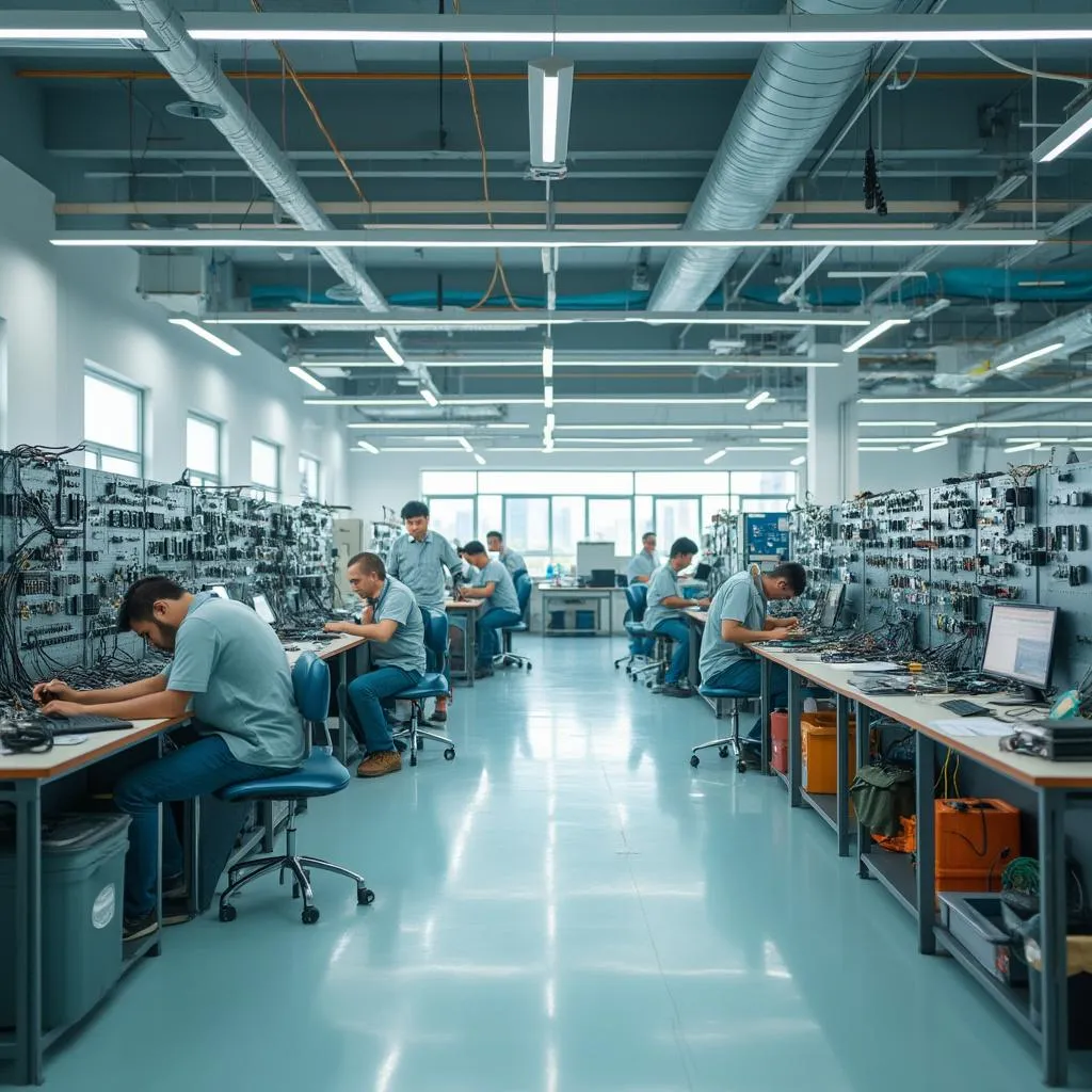 Moderná dielňa s technikmi pracujúcimi na elektronike