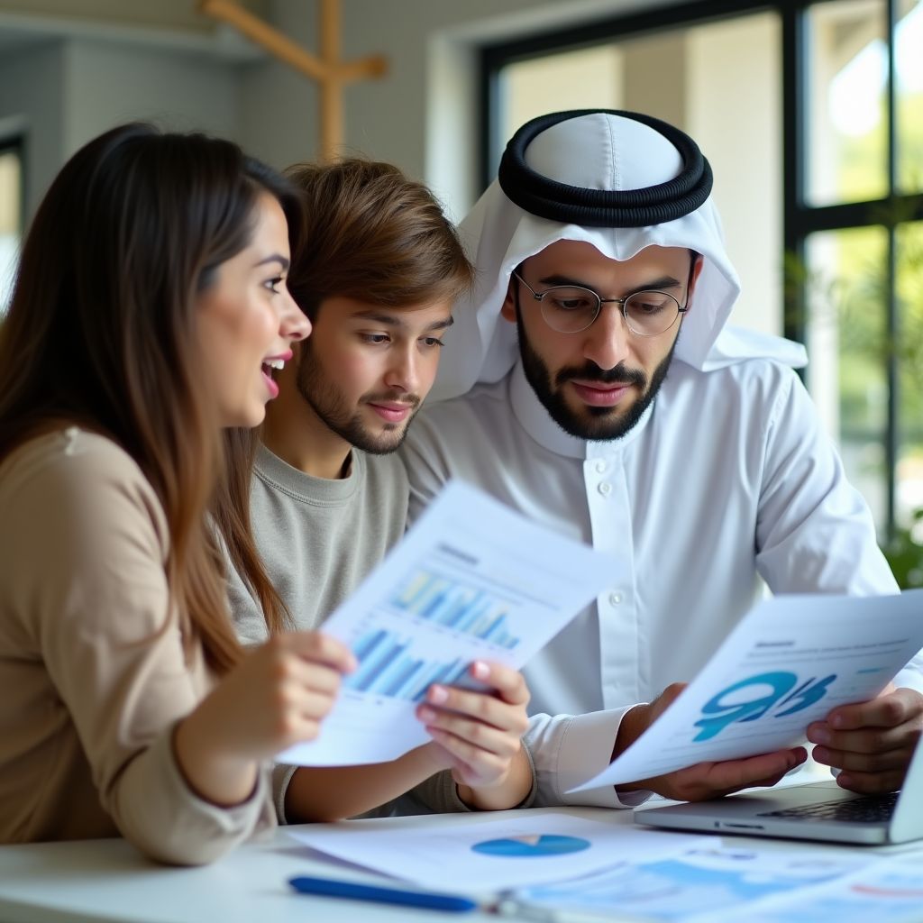 Jordanian family reviewing financial documents